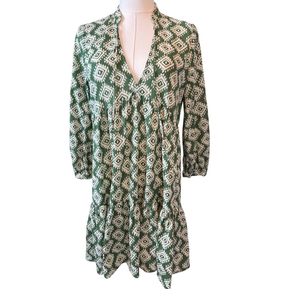 2/$30 ZARA XS Green & White Geometric Mini Print Cotton Dress